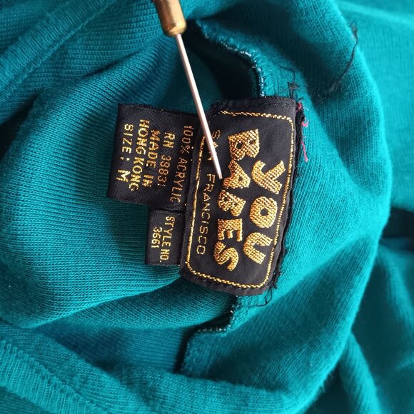 Vintage Women's Top Small 1970's You Babes Cropped Knit Teal Rhinestones Goucho - Picture 9 of 10